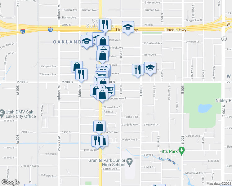 map of restaurants, bars, coffee shops, grocery stores, and more near 180 East Southgate Avenue in Salt Lake City