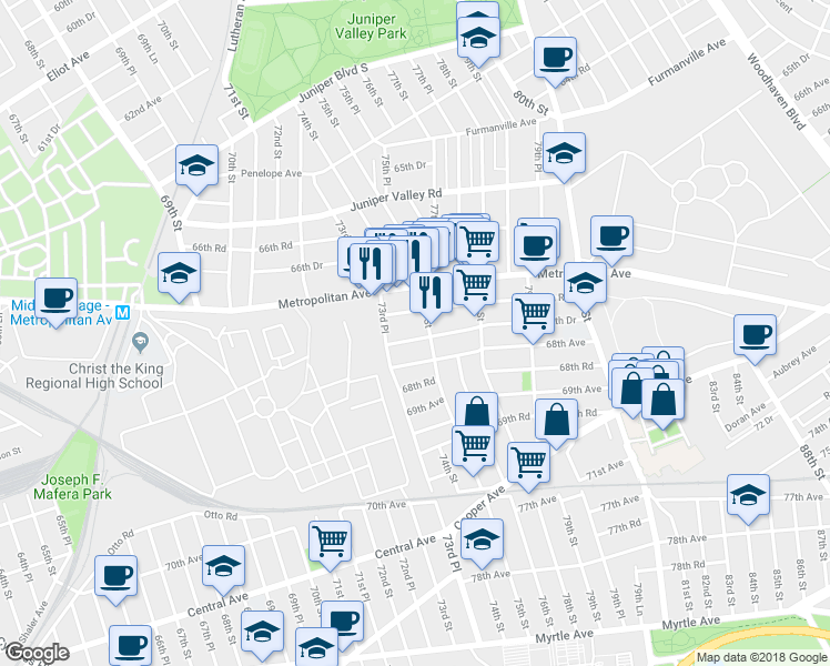 map of restaurants, bars, coffee shops, grocery stores, and more near 73-21 67th Drive in Queens