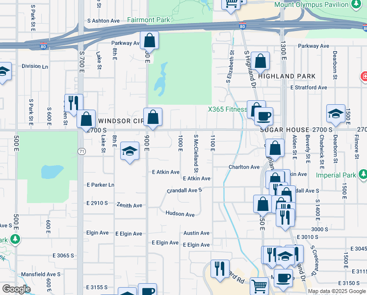 map of restaurants, bars, coffee shops, grocery stores, and more near 2747 South 1000 East in Salt Lake City