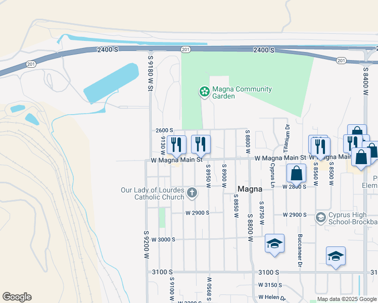 map of restaurants, bars, coffee shops, grocery stores, and more near 2681 South 9040 West Street in Magna