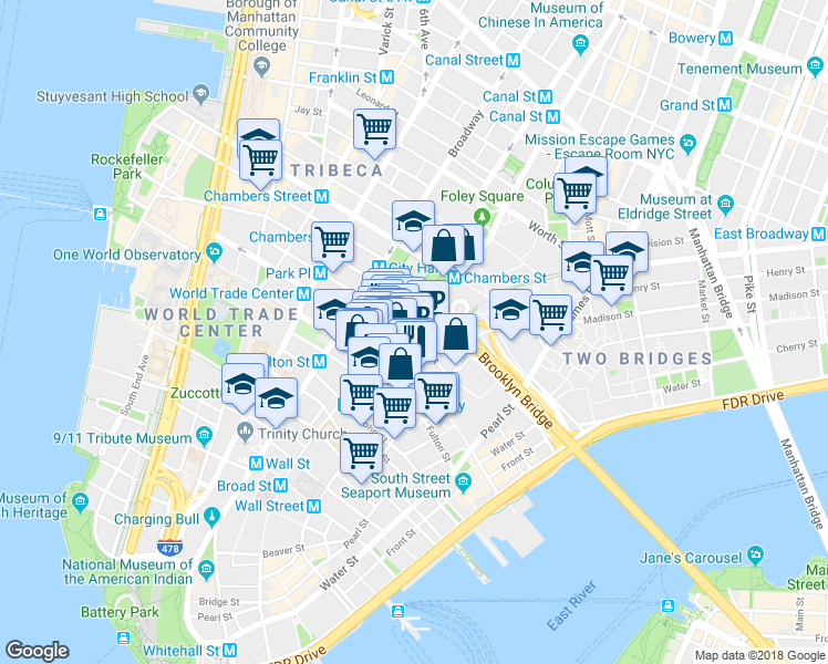 map of restaurants, bars, coffee shops, grocery stores, and more near 44 Frankfort Street in New York