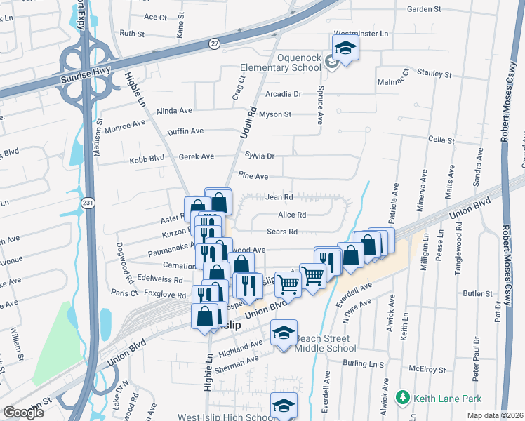 map of restaurants, bars, coffee shops, grocery stores, and more near 17 Alice Road in West Islip