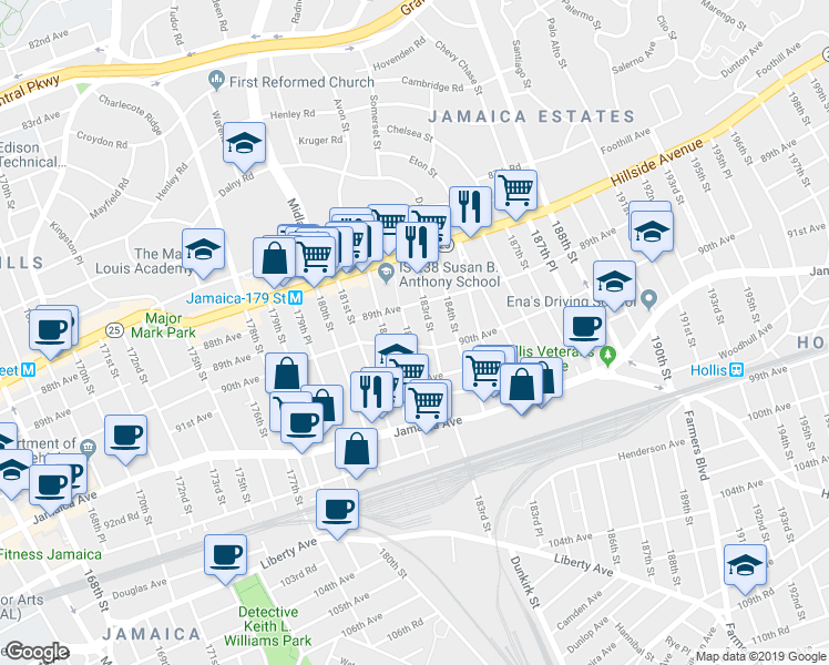 map of restaurants, bars, coffee shops, grocery stores, and more near 89-25 182nd Place in Queens