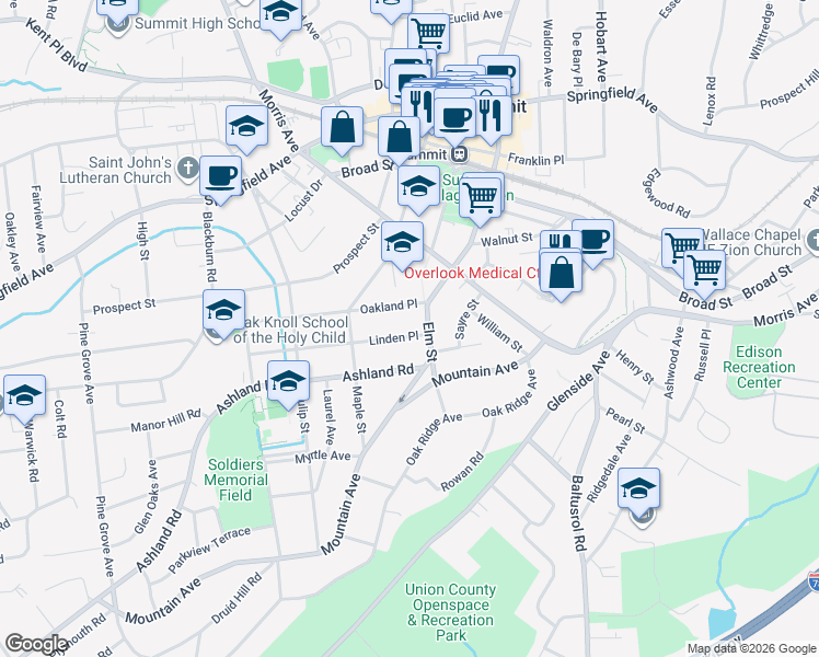 map of restaurants, bars, coffee shops, grocery stores, and more near 7 Linden Place in Summit