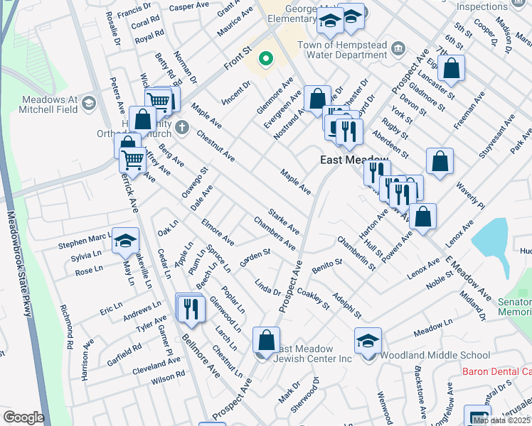 map of restaurants, bars, coffee shops, grocery stores, and more near 354 Starke Ave in East Meadow