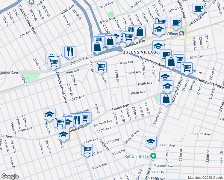 map of restaurants, bars, coffee shops, grocery stores, and more near 104-01 212th Street in Queens