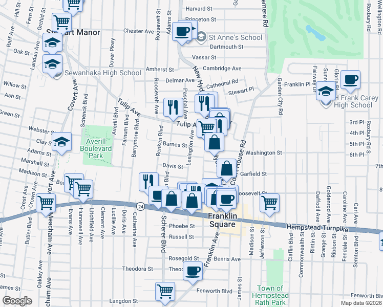 map of restaurants, bars, coffee shops, grocery stores, and more near 126 Lexington Ave in Franklin Square