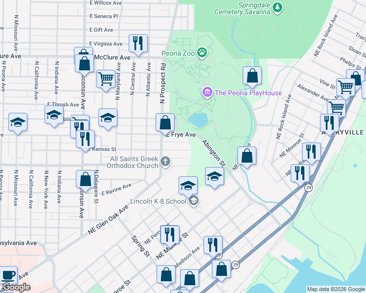 map of restaurants, bars, coffee shops, grocery stores, and more near 1333 East Hillcrest Place in Peoria