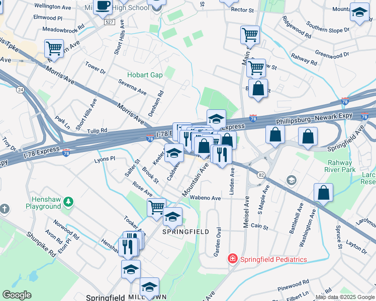 map of restaurants, bars, coffee shops, grocery stores, and more near 276 Morris Avenue in Springfield Township
