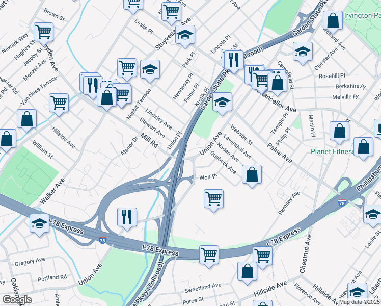 map of restaurants, bars, coffee shops, grocery stores, and more near 146 Mill Road in Irvington
