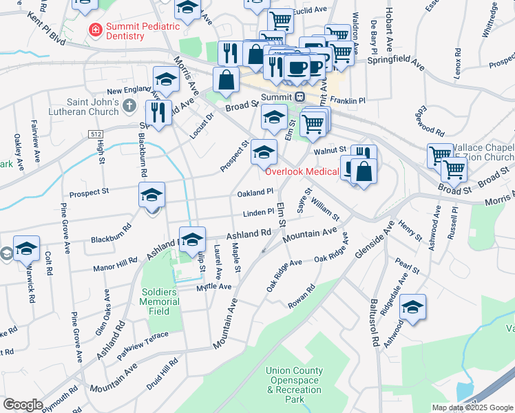 map of restaurants, bars, coffee shops, grocery stores, and more near 21 Linden Place in Summit