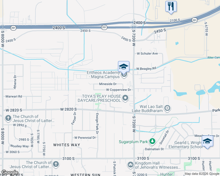map of restaurants, bars, coffee shops, grocery stores, and more near 7348 Copperview Drive in Magna