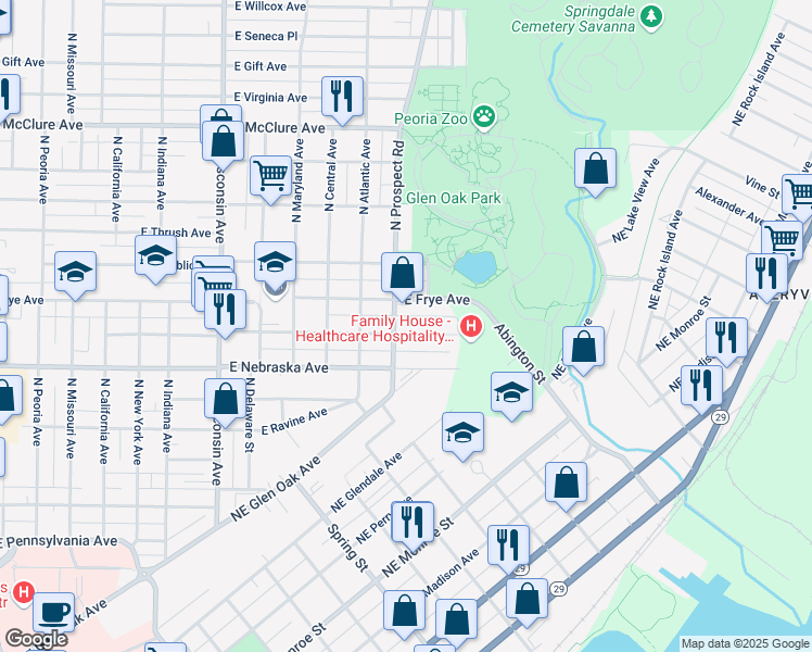 map of restaurants, bars, coffee shops, grocery stores, and more near 1309 East Hillcrest Place in Peoria