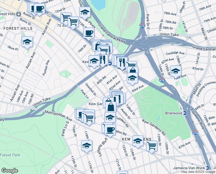 map of restaurants, bars, coffee shops, grocery stores, and more near 81-09 Austin Street in Queens