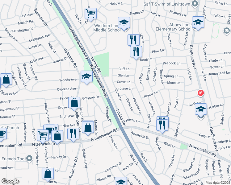 map of restaurants, bars, coffee shops, grocery stores, and more near 46 Stone Lane in Levittown
