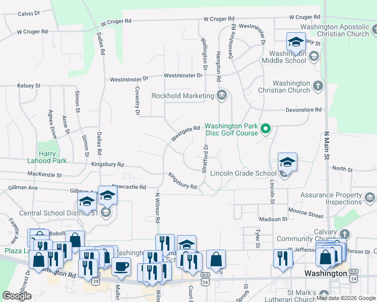 map of restaurants, bars, coffee shops, grocery stores, and more near 702 Yorkshire Court in Washington