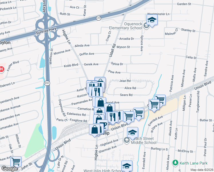 map of restaurants, bars, coffee shops, grocery stores, and more near 16 Jean Road in West Islip