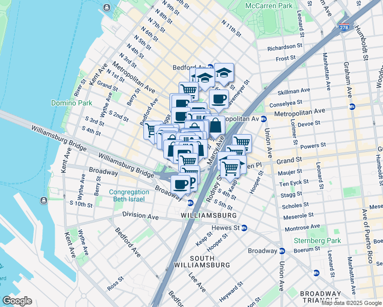 map of restaurants, bars, coffee shops, grocery stores, and more near 153 Havemeyer Street in Brooklyn