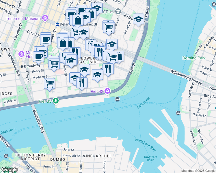 map of restaurants, bars, coffee shops, grocery stores, and more near 112 Jackson Street in New York