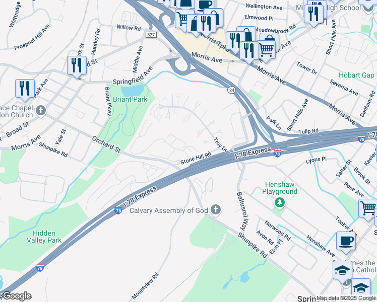 map of restaurants, bars, coffee shops, grocery stores, and more near 100 Stone Hill Road in Springfield