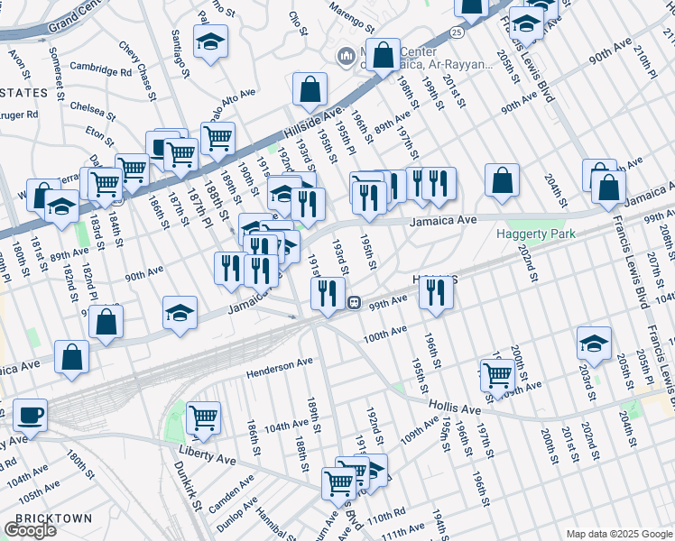 map of restaurants, bars, coffee shops, grocery stores, and more near 91-52 193rd Street in Queens