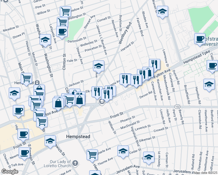 map of restaurants, bars, coffee shops, grocery stores, and more near 43 California Avenue in Hempstead