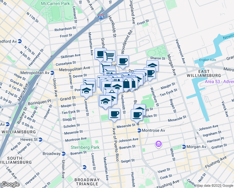 map of restaurants, bars, coffee shops, grocery stores, and more near 770 Grand Street in Brooklyn