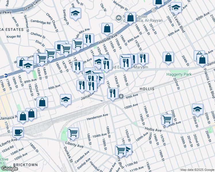 map of restaurants, bars, coffee shops, grocery stores, and more near 91-30 191st Street in Queens