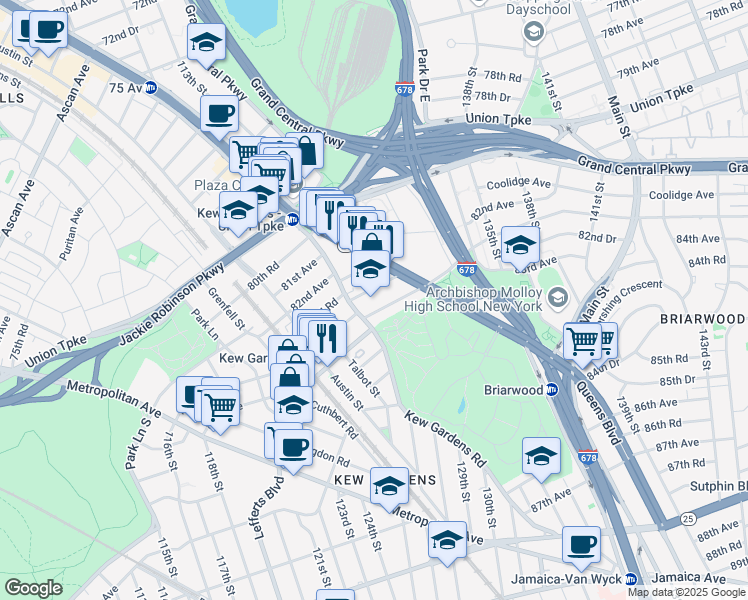 map of restaurants, bars, coffee shops, grocery stores, and more near 123-33 83rd Avenue in Queens