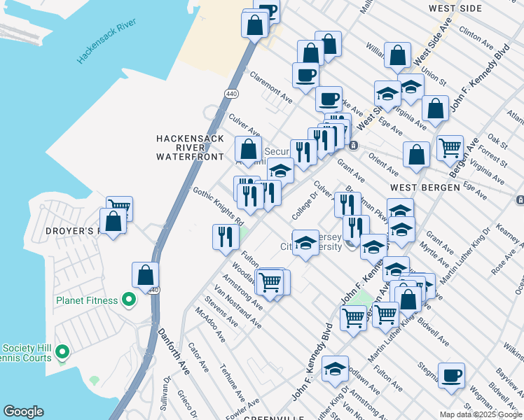 map of restaurants, bars, coffee shops, grocery stores, and more near 236 West Side Avenue in Jersey City