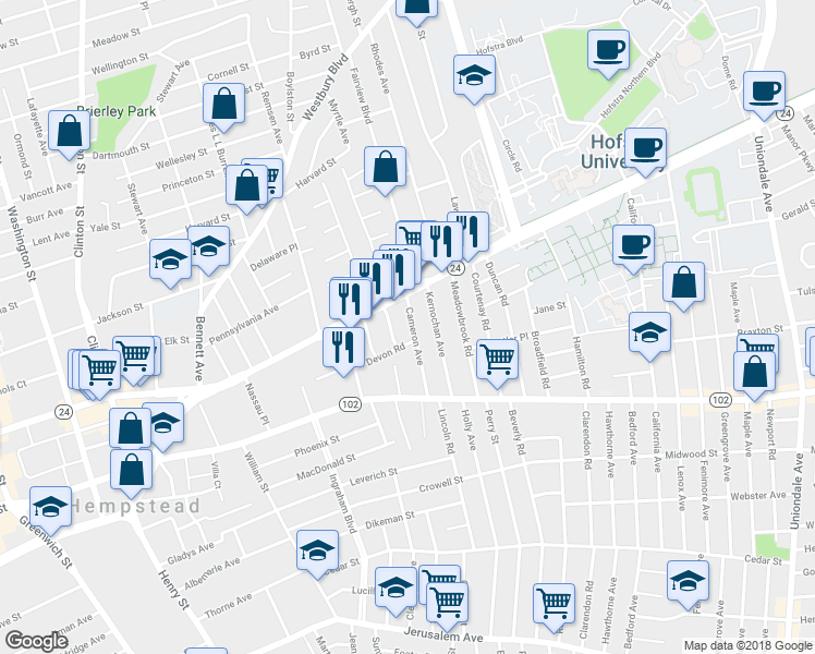 map of restaurants, bars, coffee shops, grocery stores, and more near 35 Cameron Avenue in Hempstead