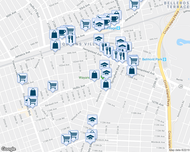 map of restaurants, bars, coffee shops, grocery stores, and more near 21739R Hollis Avenue in Queens