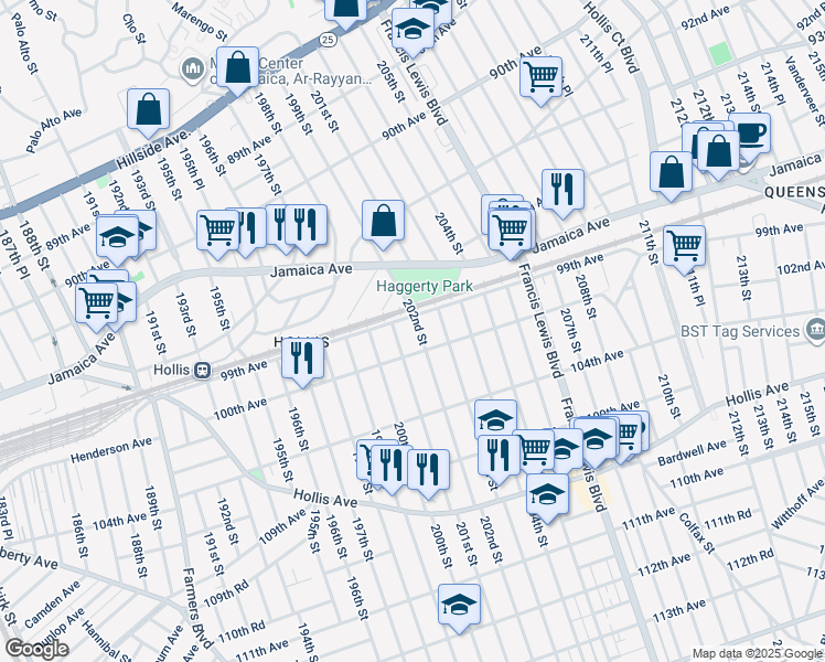 map of restaurants, bars, coffee shops, grocery stores, and more near 99-12 202nd Street in Queens
