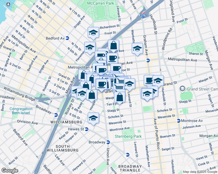 map of restaurants, bars, coffee shops, grocery stores, and more near 28 Powers Street in Brooklyn