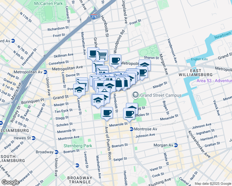map of restaurants, bars, coffee shops, grocery stores, and more near 770 Grand Street in Brooklyn