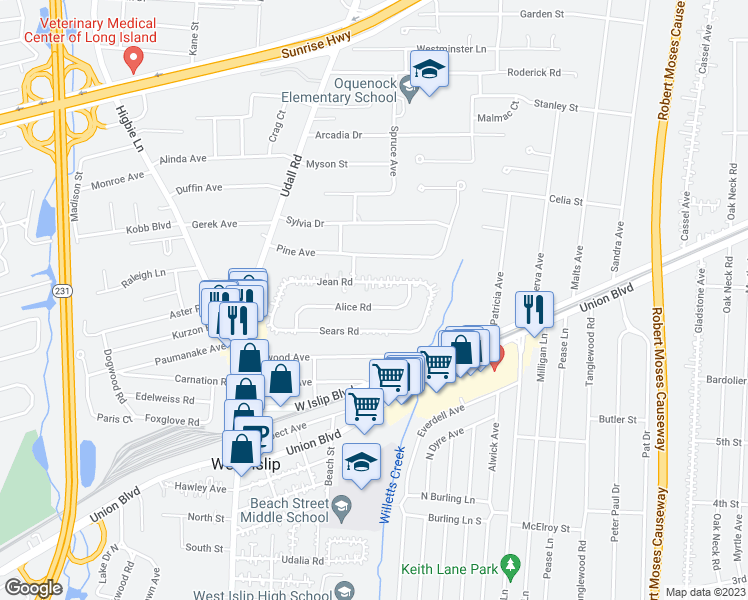 map of restaurants, bars, coffee shops, grocery stores, and more near 57 Alice Road in West Islip