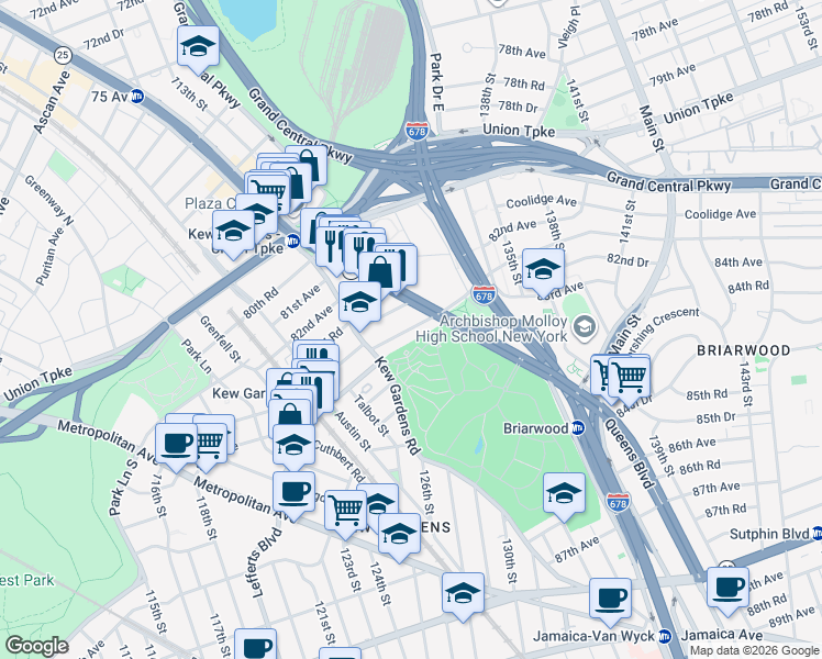 map of restaurants, bars, coffee shops, grocery stores, and more near 123-40 83rd Avenue in Queens