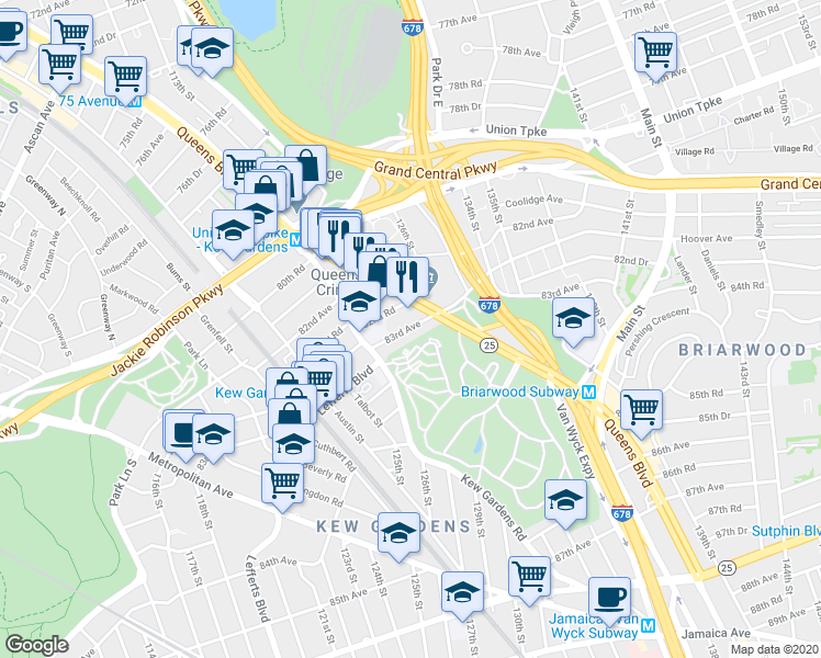 map of restaurants, bars, coffee shops, grocery stores, and more near 123-40 83rd Avenue in Queens