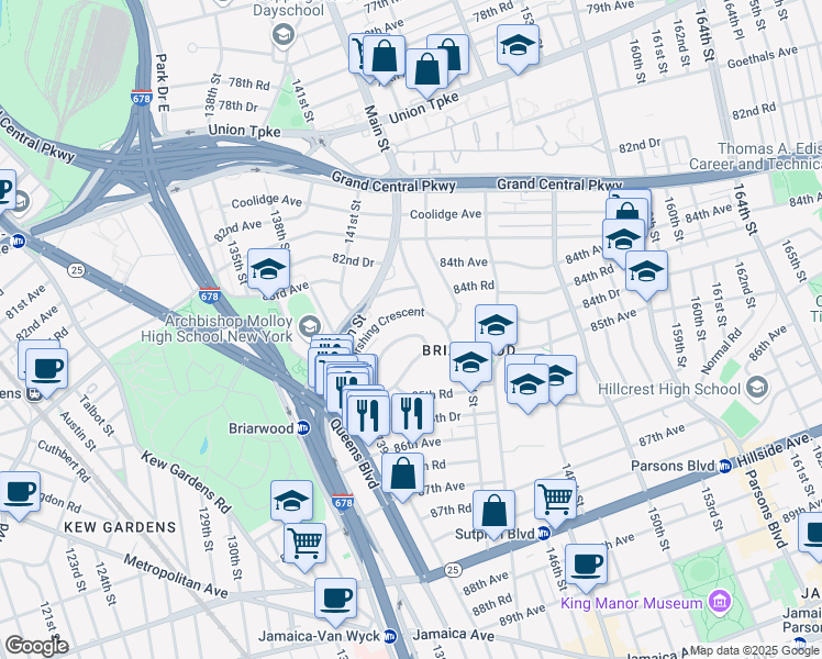 map of restaurants, bars, coffee shops, grocery stores, and more near 140-85 Burden Crescent in Queens