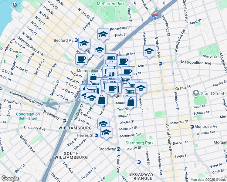 map of restaurants, bars, coffee shops, grocery stores, and more near 184 Hope Street in Brooklyn
