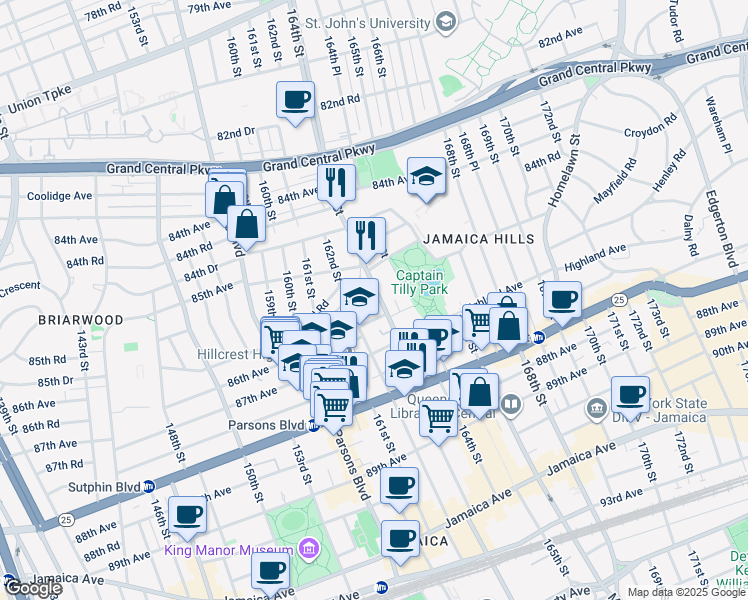 map of restaurants, bars, coffee shops, grocery stores, and more near 14 86th Avenue in Queens