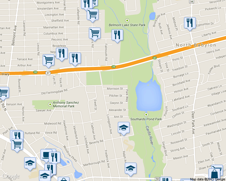 map of restaurants, bars, coffee shops, grocery stores, and more near 618 Morrison Street in Babylon