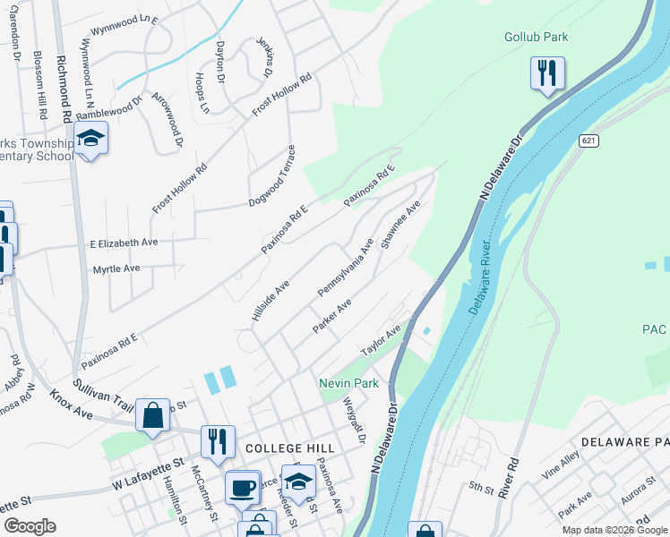 map of restaurants, bars, coffee shops, grocery stores, and more near 138 Pennsylvania Ave in Easton