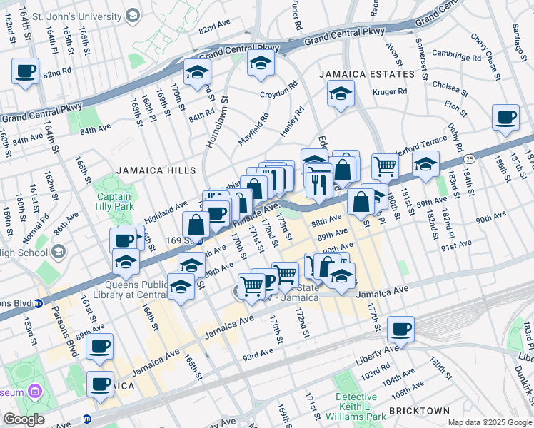 map of restaurants, bars, coffee shops, grocery stores, and more near 87-69 172nd Street in Queens