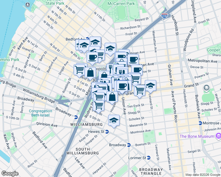 map of restaurants, bars, coffee shops, grocery stores, and more near 418 Keap Street in Brooklyn