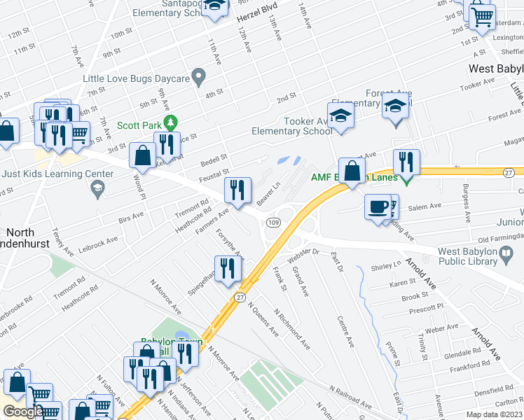 map of restaurants, bars, coffee shops, grocery stores, and more near 485 Babylon Farmingdale Road in West Babylon