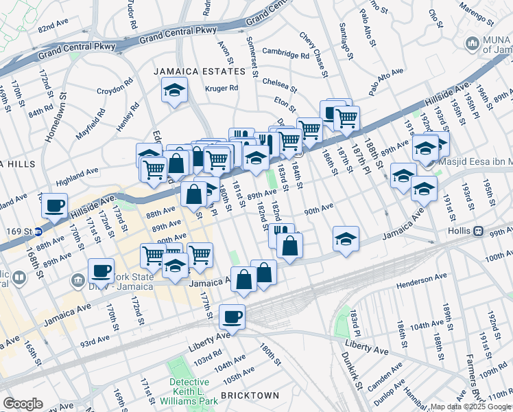 map of restaurants, bars, coffee shops, grocery stores, and more near 181-11 90th Avenue in Queens