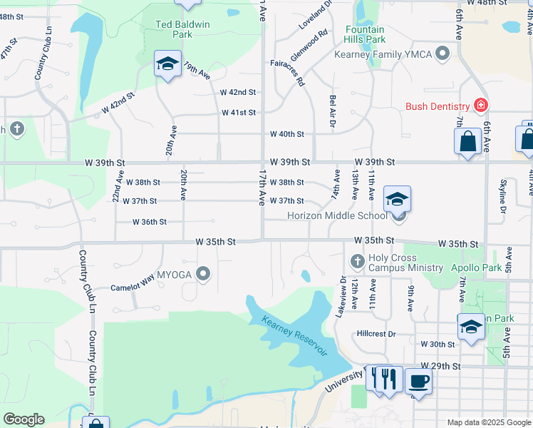 map of restaurants, bars, coffee shops, grocery stores, and more near 3603 17th Avenue in Kearney