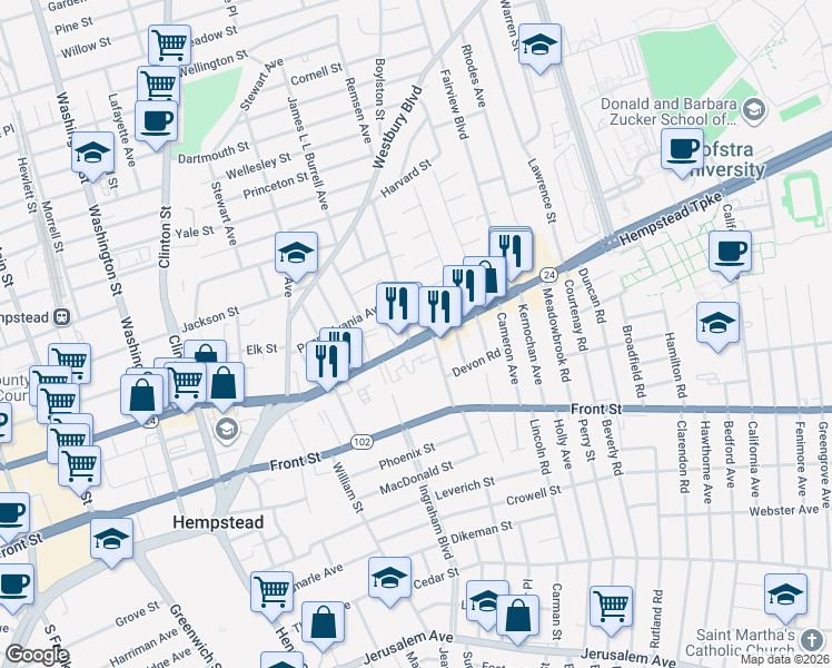 map of restaurants, bars, coffee shops, grocery stores, and more near 607 Fulton Avenue in Hempstead