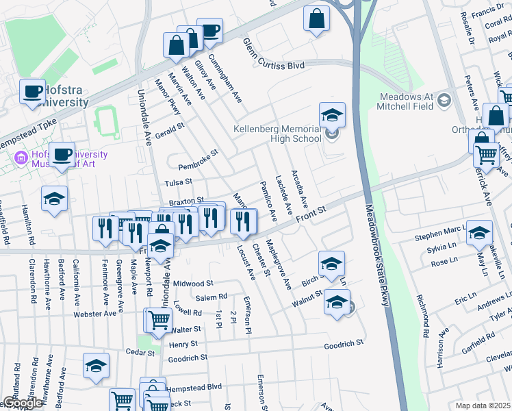 map of restaurants, bars, coffee shops, grocery stores, and more near 1182 Midland Street in Uniondale